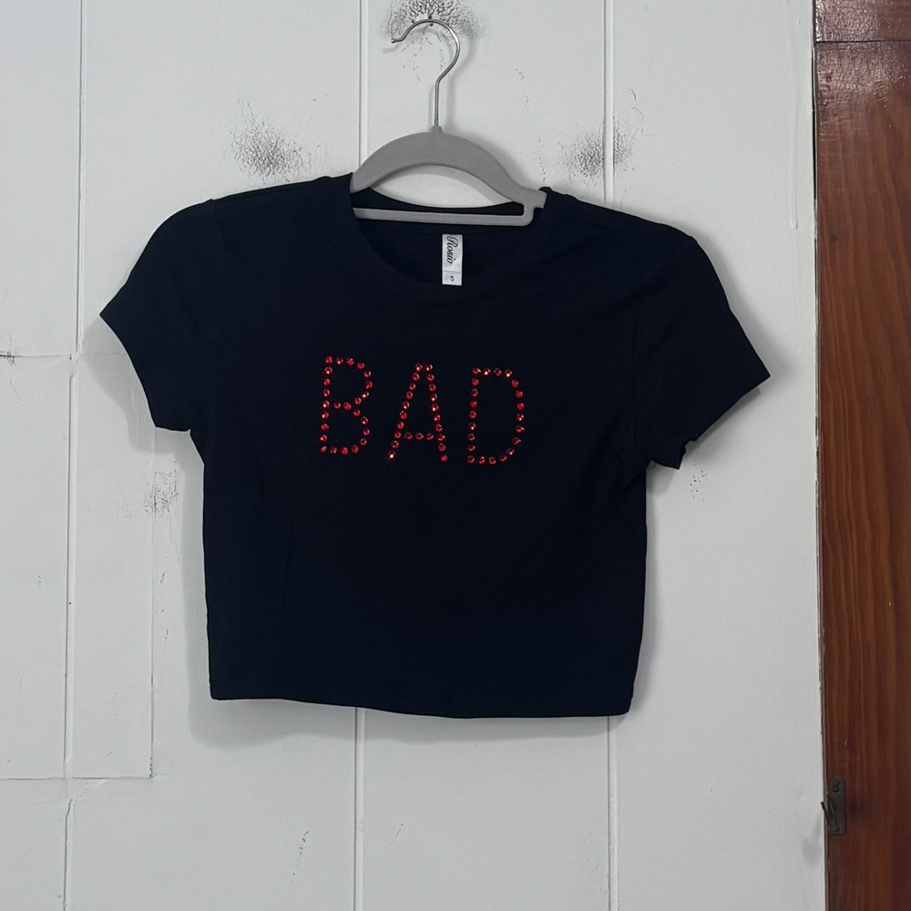 Rosio Black Red Rhinestone BAD Graphic Crop Top Baby Tee Small
